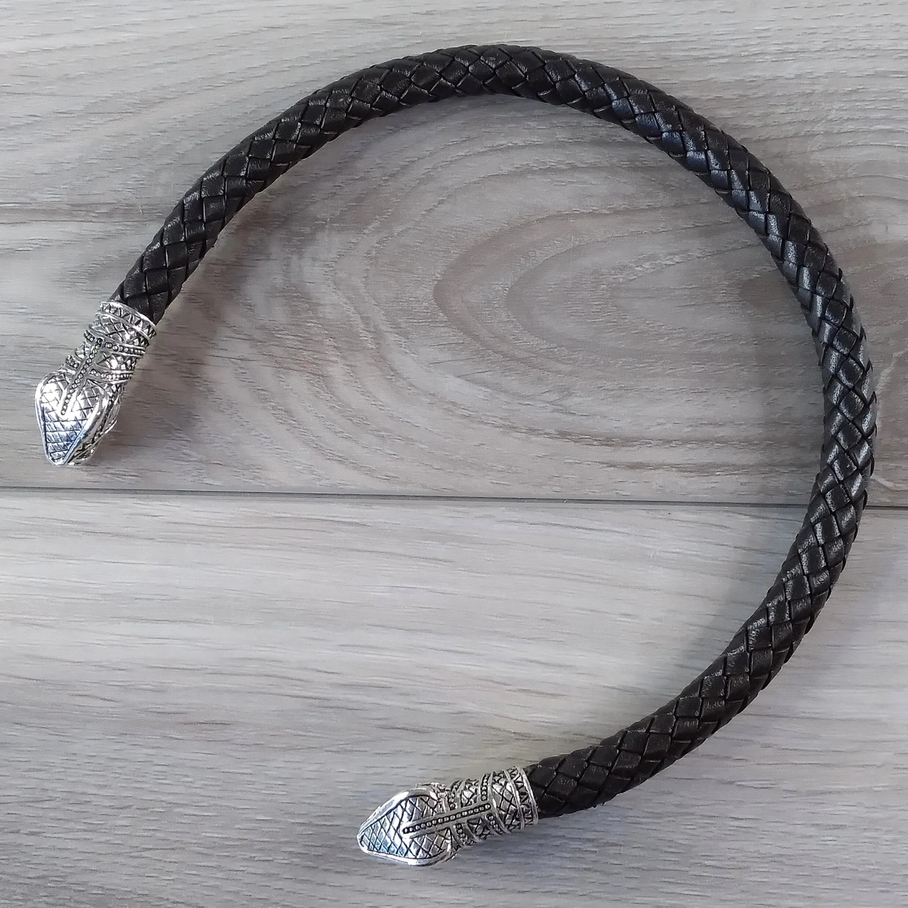 Snake Torc Necklace Silver Brown Leather