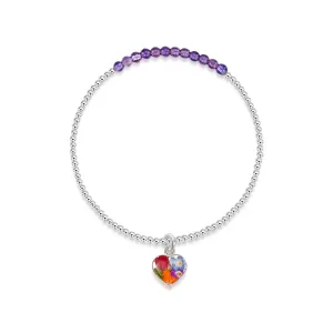 Sterling Silver Beaded Bracelet - Amethyst Stone & Mixed Flowers Heart