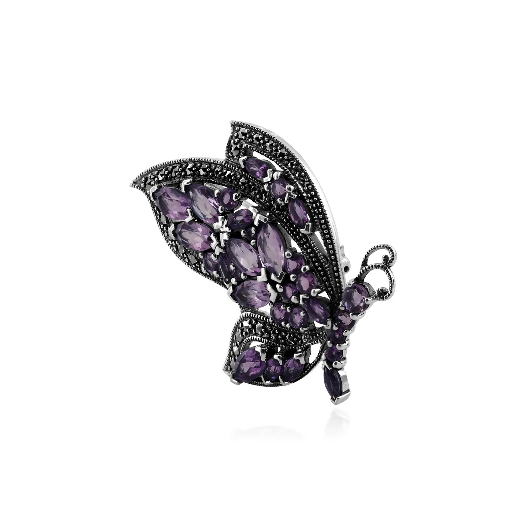 Sterlingsilber 5.12ct Amethyst & Markasit Fliegender Schmetterling Brosche