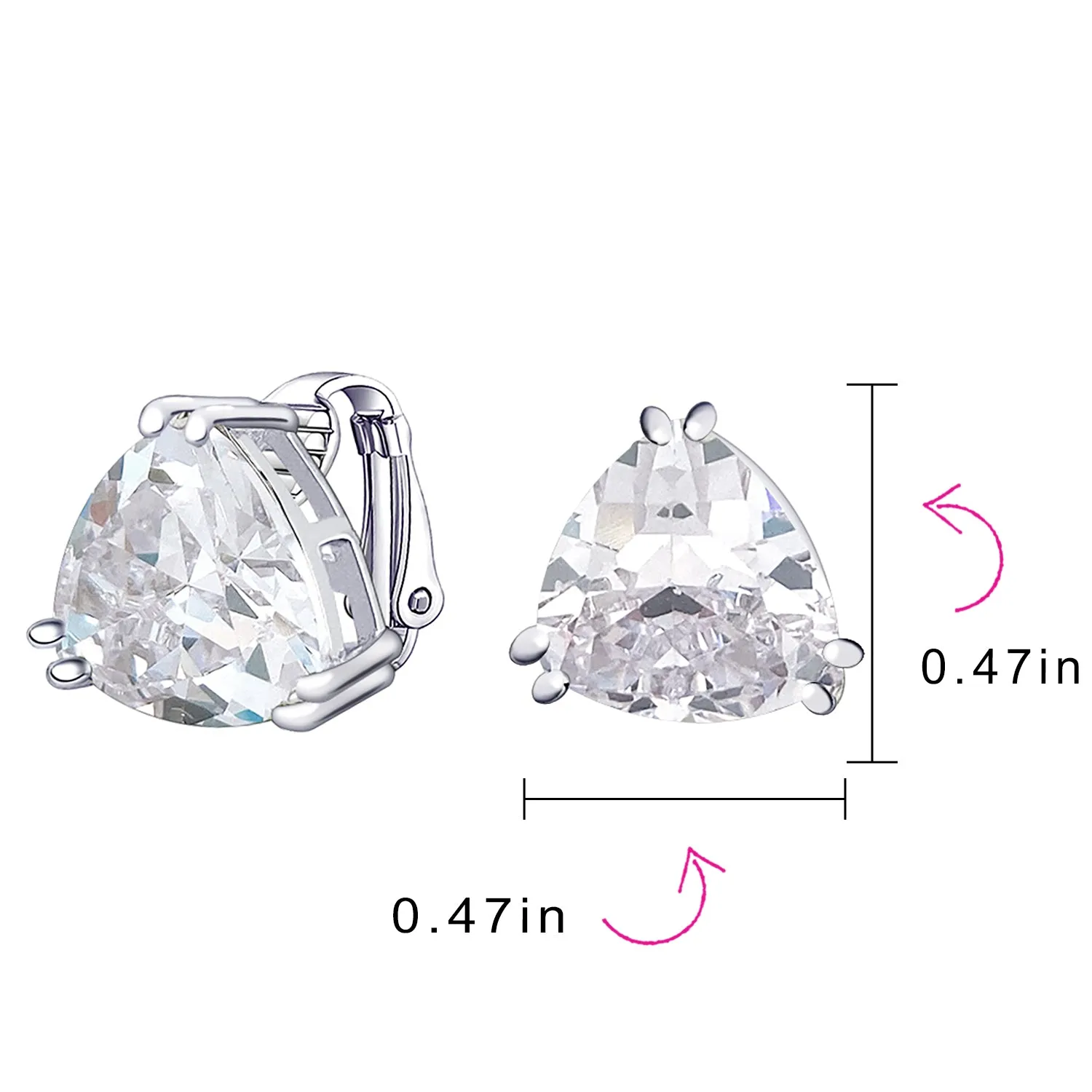 Traditional Large Triangle CZ Solitaire Clip-On Earrings Silver Plated 12MM