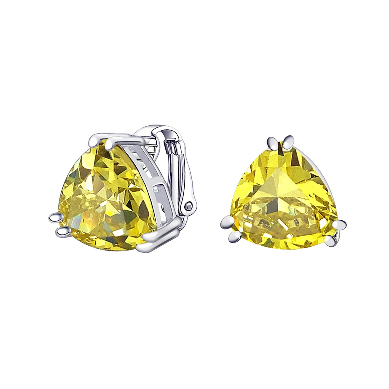 Traditional Large Triangle CZ Solitaire Clip-On Earrings Silver Plated 12MM