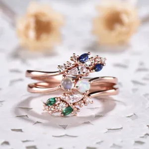 Unique Curved Opal Sapphire Moostone Emerald Diamond Engagement Ring Rose Gold 2pcs