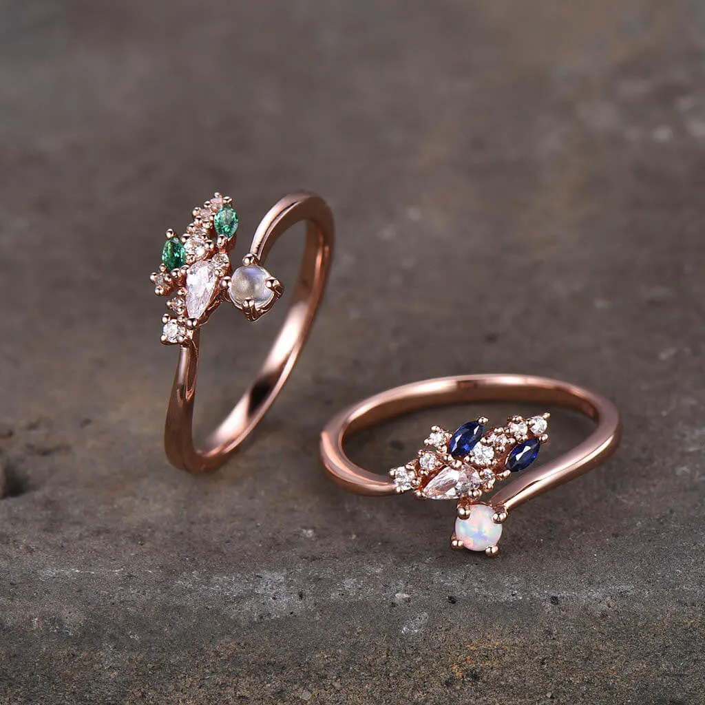 Unique Curved Opal Sapphire Moostone Emerald Diamond Engagement Ring Rose Gold 2pcs