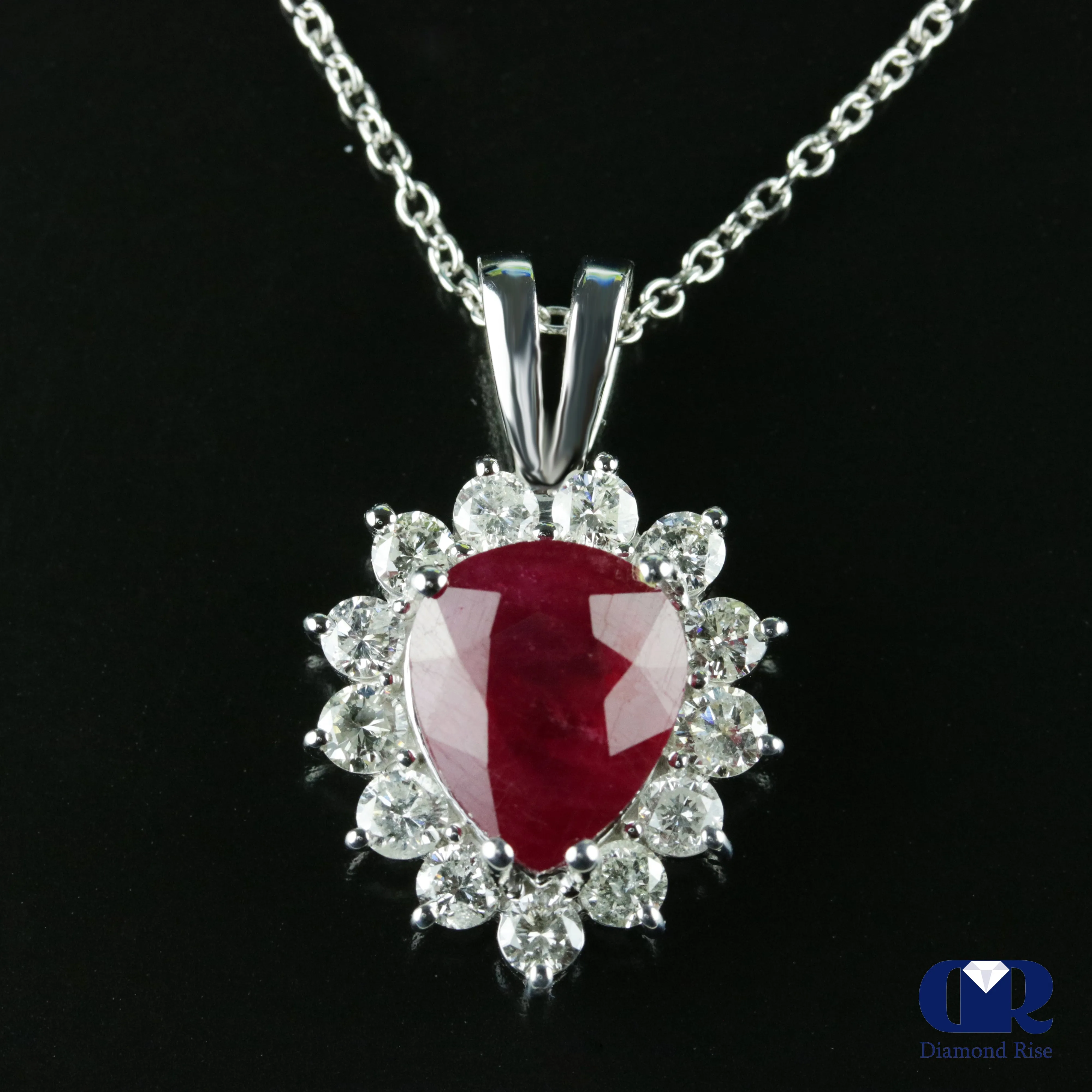 Women's Pear Shaped Ruby & Diamond Pendant Necklace In 14K White Gold