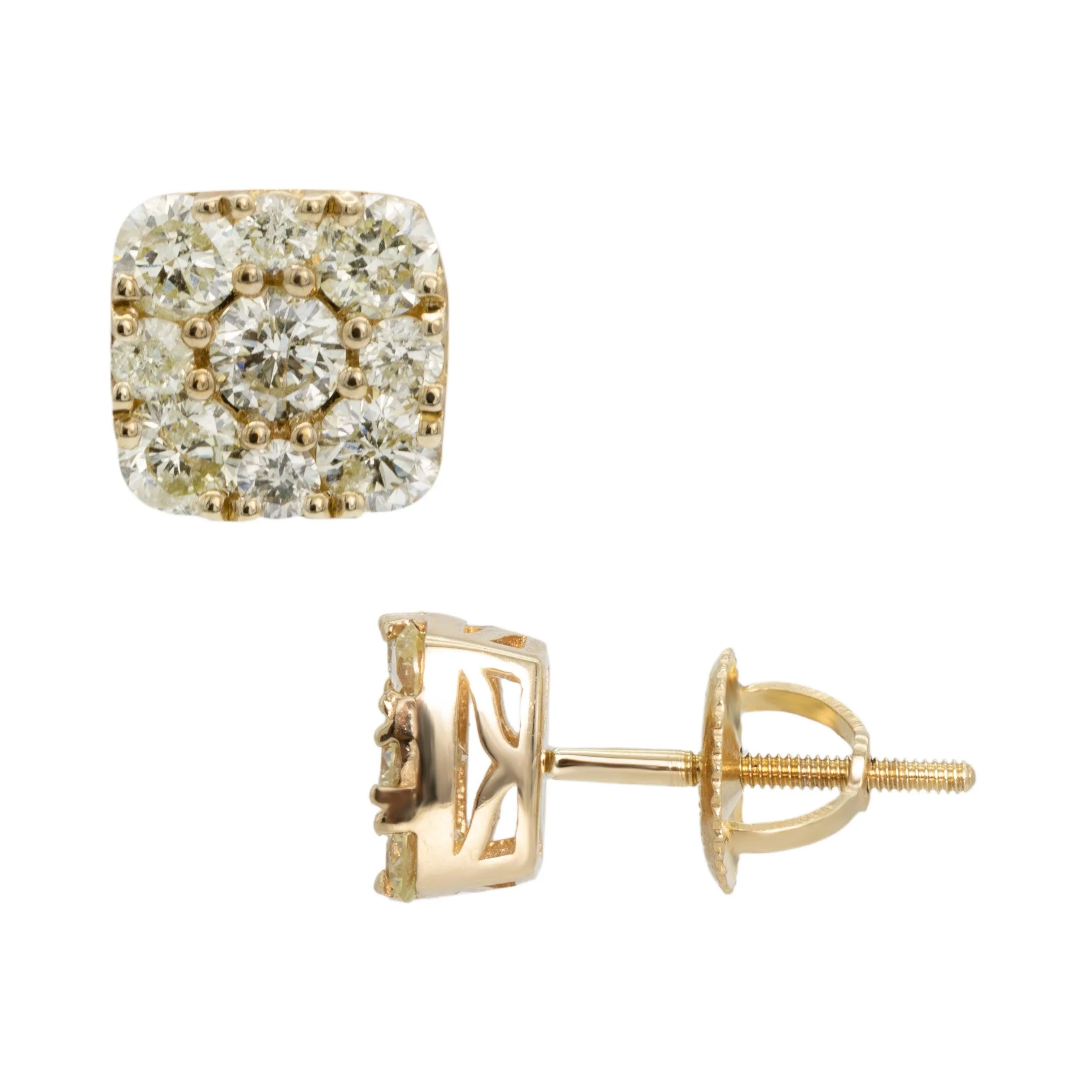 Women's Square Cluster Diamond Stud Earrings 1.29ct 10K Yellow Gold